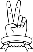 Black and White Tattoo linework Style peace two finger hand gesture with banner vector