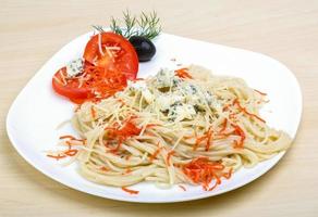 Cheese pasta on the plate and wooden background photo