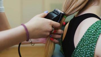 Woman getting long hair cut by trimmer video