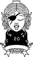 Black and White Tattoo linework Style elf rogue character with natural twenty dice roll vector