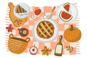 Autumn picnic scene with tasty seasonal food, decor, outfit. Apple pie, pumpkin, fruit, wine, croissant, tea. Healthy and wholesome food in the fresh air. Cartoon vector illustration