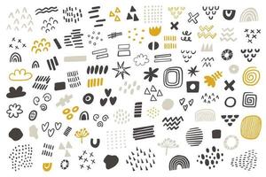 Scandinavian Hand drawn doodle design elements, black on white background. Swishes, swoops, emphasis, triangles, Lines, smears, spirals, waves, circles, crosses, brush stroke. Vector collection