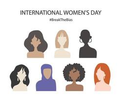 Break the bias. Women's international day 8th march. Celebrate women's achievement. Raise awareness against bias. IWD. Women with different skin color and ethnic groups. Flat vector illustration