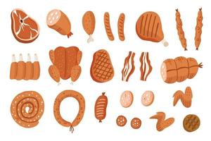 Cartoon meat products. Chicken, beef, pork, lamb, sausages, steaks, pork bacon, boneless rump, whole leg, rib roast, loin, rib chops, rustic belly, ground meat, meat cubes for stew. Isolated on white vector