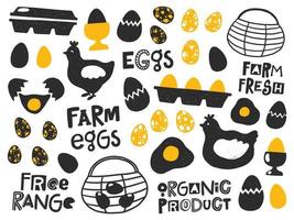 conjunto de elementos de diseño de huevos frescos. silueta de productos aislados orgánicos de granja. letras estilizadas de plato natural con gotas de tinta. pollo, canasta, caja.