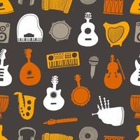 Musical instruments flat vector seamless pattern. Colored cosilhouette on black background.  Wrapping paper, wallpaper, textile design. Piano, drum, bagpipe, djembe.