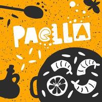 Paella vector hand drawn banner template. Traditional spanish dish sticker with stylized lettering and ink drops. Pan with vegetables and seafood. Restaurant menu, poster design element