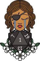 Retro Tattoo Style crying human rogue with natural one d20 roll vector