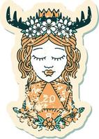 grunge sticker of a human druid with natural twenty dice roll vector