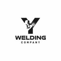 Letter Y welding logo, welder silhouette working with weld helmet in simple and modern design style art vector