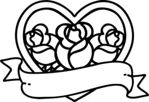 tattoo in black line style of a heart and banner with flowers vector