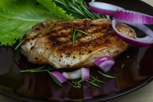 Pork steak on the plate and wooden background photo