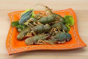 Raw Crayfish on the plate and wooden background photo