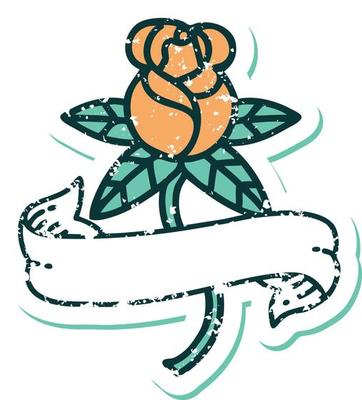 iconic distressed sticker tattoo style image of a rose and banner