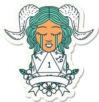 sticker of a crying tiefling face with natural 1 D20 Dice vector