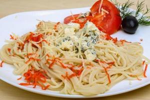 Cheese pasta on the plate and wooden background photo