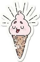 worn old sticker of a tattoo style ice cream character vector