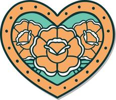 pegatina de tatuaje al estilo tradicional de un corazón y flores vector