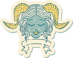 Retro Tattoo Style tiefling character face with scroll banner vector