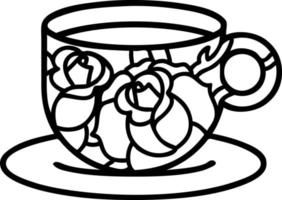 tattoo in black line style of a cup and flowers vector