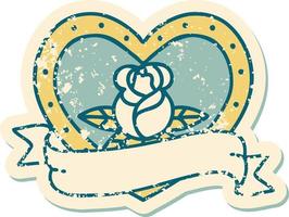 iconic distressed sticker tattoo style image of a heart rose and banner vector