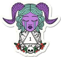 sticker of a crying tiefling with natural one D20 dice roll vector