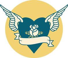 imagen icónica de estilo tatuaje de corazón con alas una rosa y pancarta vector