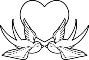 tattoo in black line style of swallows and a heart vector