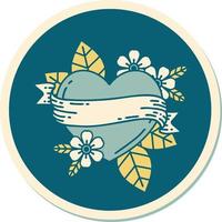 sticker of tattoo in traditional style of a heart and banner vector