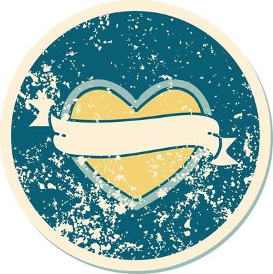 iconic distressed sticker tattoo style image of a heart and banner