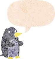 cartoon penguin and speech bubble in retro textured style vector