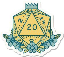 sticker of a natural 20 D20 dice roll with floral elements vector