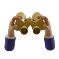 zeichentrickfigur geschäftsmann hand hält fernglas. 3D-Darstellung oder 3D-Rendering png