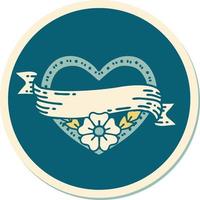 sticker of tattoo in traditional style of a heart and banner with flowers vector