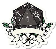 grunge sticker of a natural one d20 dice roll vector