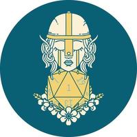 icon of sad elf fighter character with natural one d20 roll vector