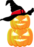 ein orangefarbener Kürbis mit gruseligen Augen, passend für Halloween und schwarzer Hexenhut png