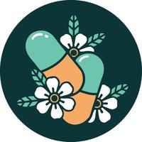 iconic tattoo style image of pills and flowers vector