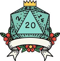 estilo de tatuaje retro natural 20 golpe crítico d20 tirada de dados vector