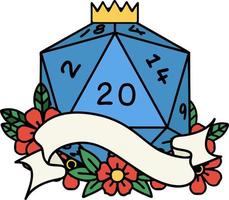 Retro Tattoo Style natural twenty D20 dice roll vector