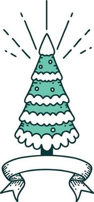scroll banner with tattoo style snow covered pine tree