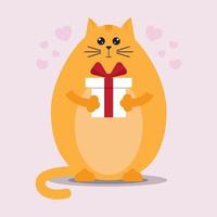 Funny fat cat in love with a gift in a flat style on a pink background with hearts vector