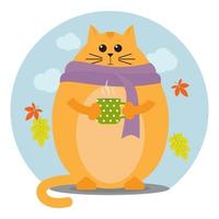 Funny fat cat in a scarf with a coffee mug in a flat style. Fall autumn cold time. vector