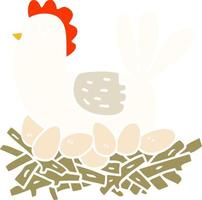 flat color illustration cartoon chicken on nest of eggs vector