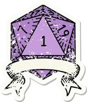 grunge sticker of a natural one d20 dice roll vector