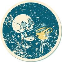 iconic distressed sticker tattoo style image of a skull drinking coffee vector