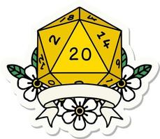 sticker of a natural 20 critical hit D20 dice roll vector