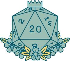 Retro Tattoo Style natural 20 D20 dice roll with floral elements vector