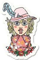 grunge sticker of a elf bard character with natural twenty dice roll vector