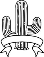 traditional black linework tattoo with banner of a cactus vector